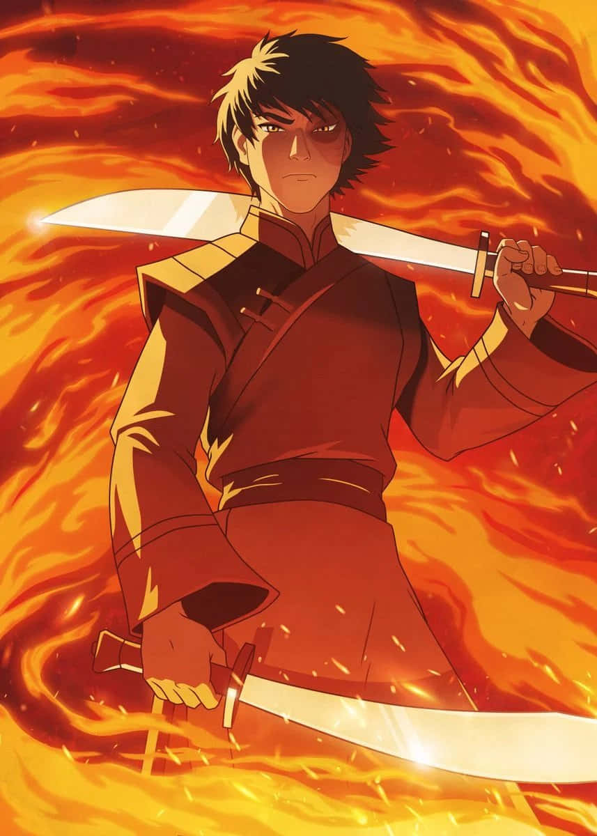 《降世神通》中沉穩而強烈的氣氛 壁紙 — 一個堅定的動漫戰士站在旋轉的火焰中，手持兩把發光的劍，專注力極強。