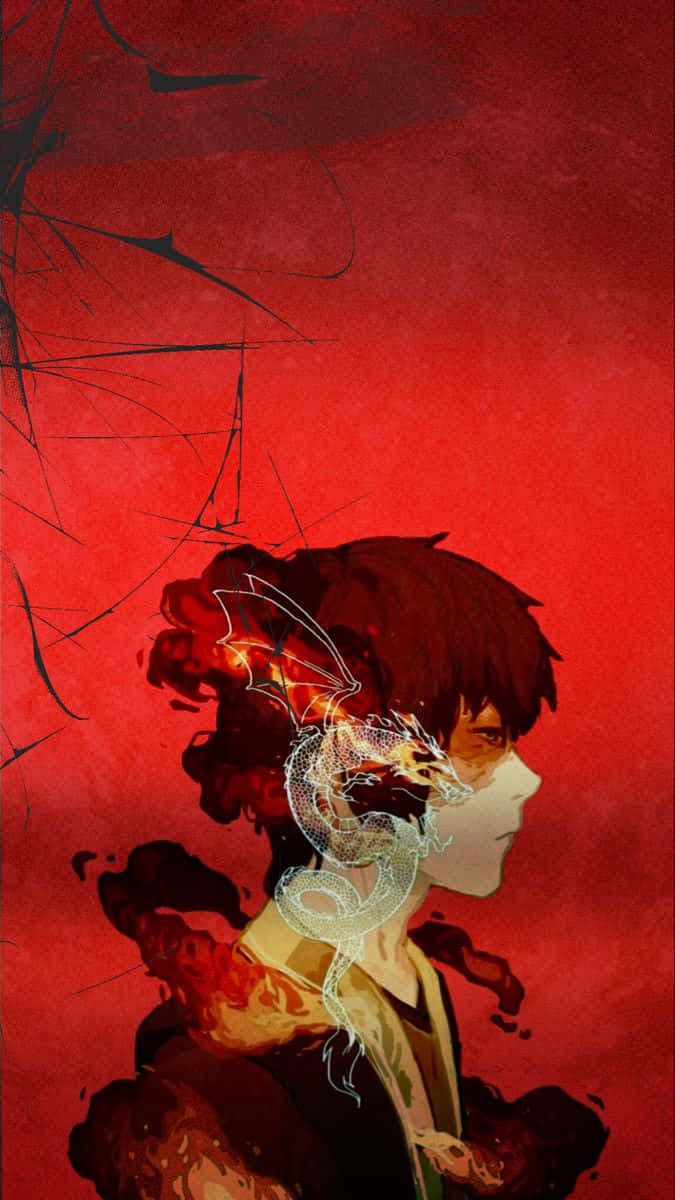 《降世神通》原主角祖科，展現強大姿態 壁紙 — 一個年輕人的側面，頭髮中出現一條發光的龍，背景是火紅色的。