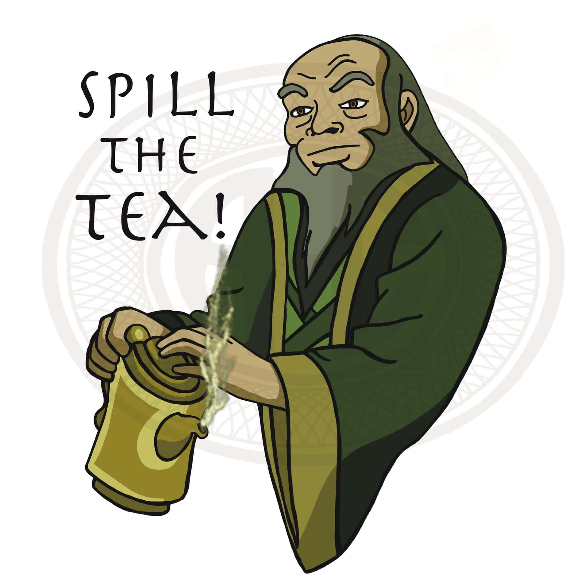 一個卡通巫師帶著笑容打翻了茶，文字寫著「SPILL THE TEA！」