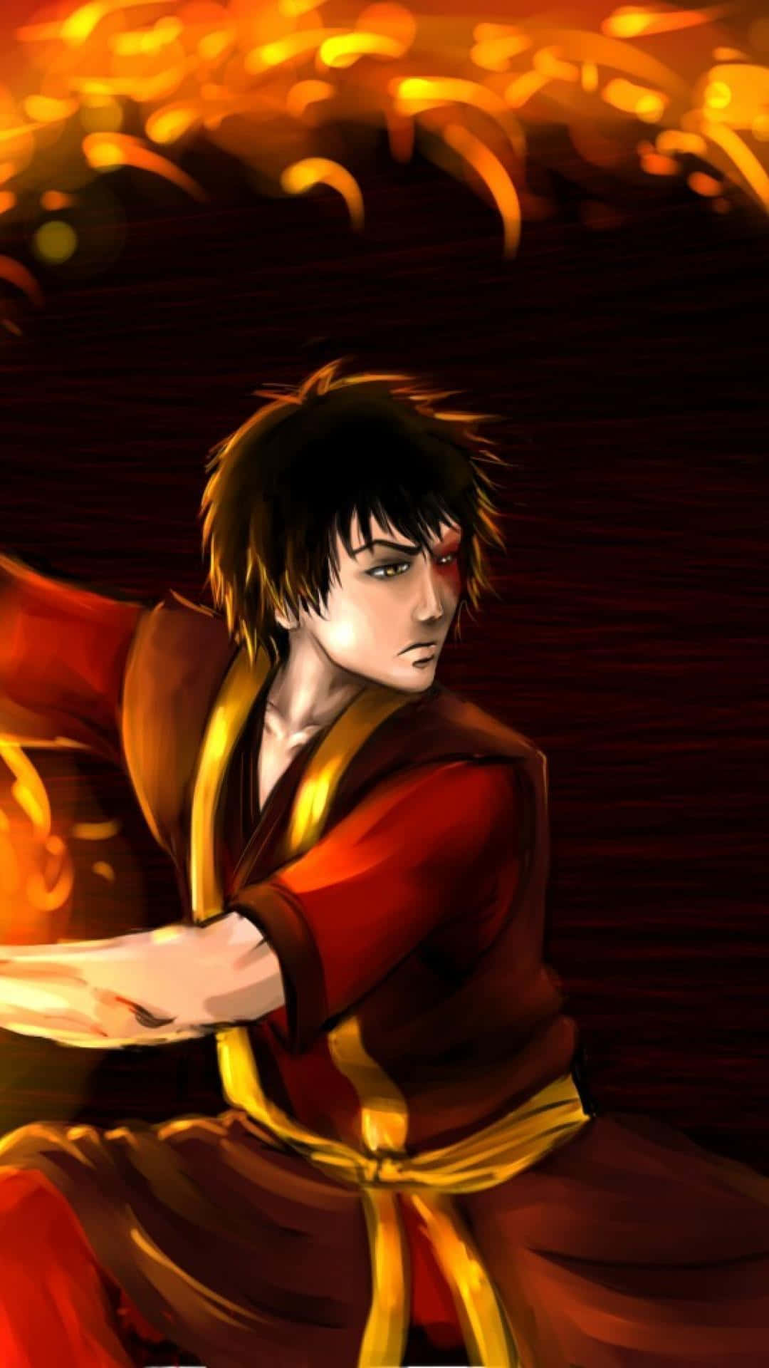 《降世神通：最後的氣宗》中的火功大師蘇克 壁紙 — 一個堅定的動漫戰士，身穿紅色和金色長袍，在黑暗背景下用發光的雙手引導火焰能量。