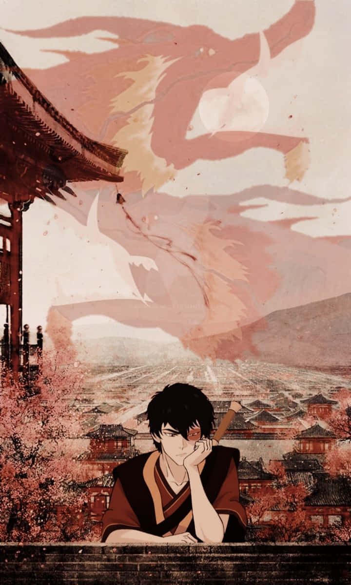 《降世神通：最後的氣宗》強大王子祖科 壁紙 — 一名身穿傳統長袍的年輕男子坐在陽台上，俯瞰著櫻花城市，陷入沉思，一隻巨大的狐狸靈體在粉紅色的天空中翱翔。