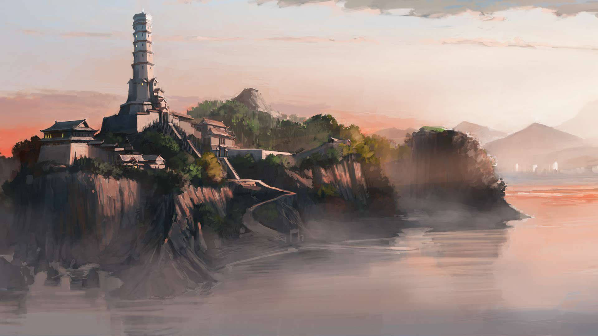 日落時懸崖上的古老寺廟遺跡，霧氣繚繞的水面和山巒