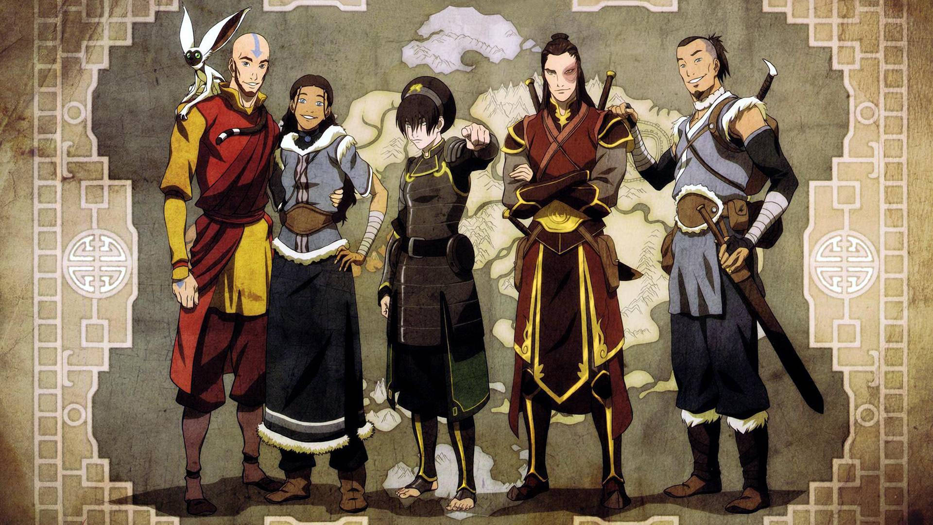 《降世神通》中的五位動畫角色穿著傳統服裝站在一起。