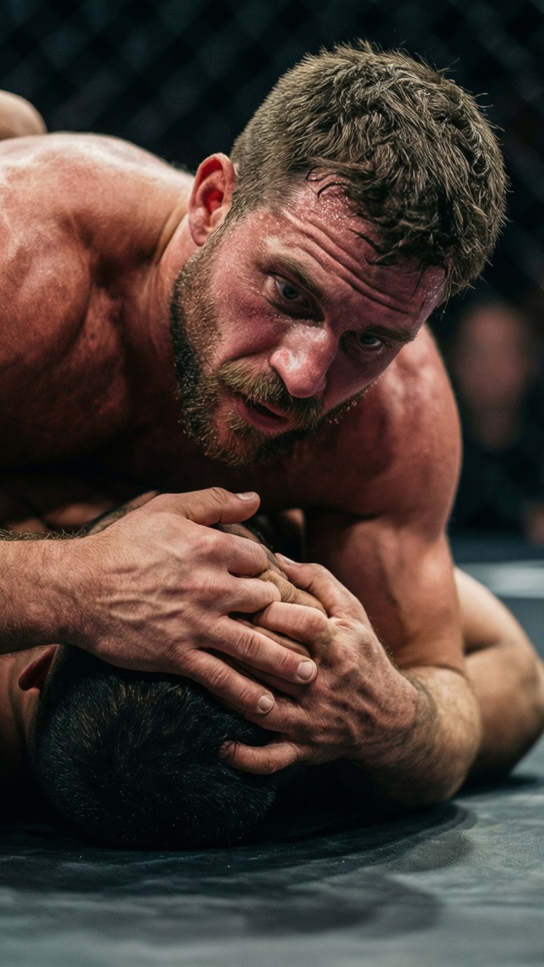 兩名拳手在八角籠內鎖定於緊密的MMA寢技位置。