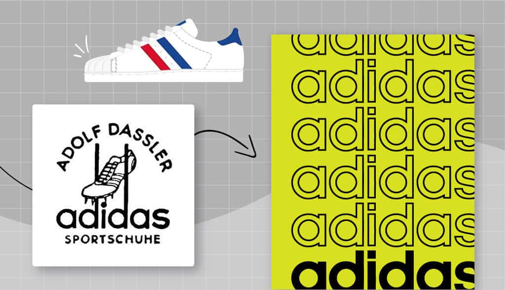 限量版 Adidas Nite Jogger 運動鞋 壁紙 — 一雙白色Adidas運動鞋，帶有紅藍條紋，上方是顯示Adolf Dassler和鞋子輪廓的標誌，過渡到黃色背景，帶有重複的Adidas文字。