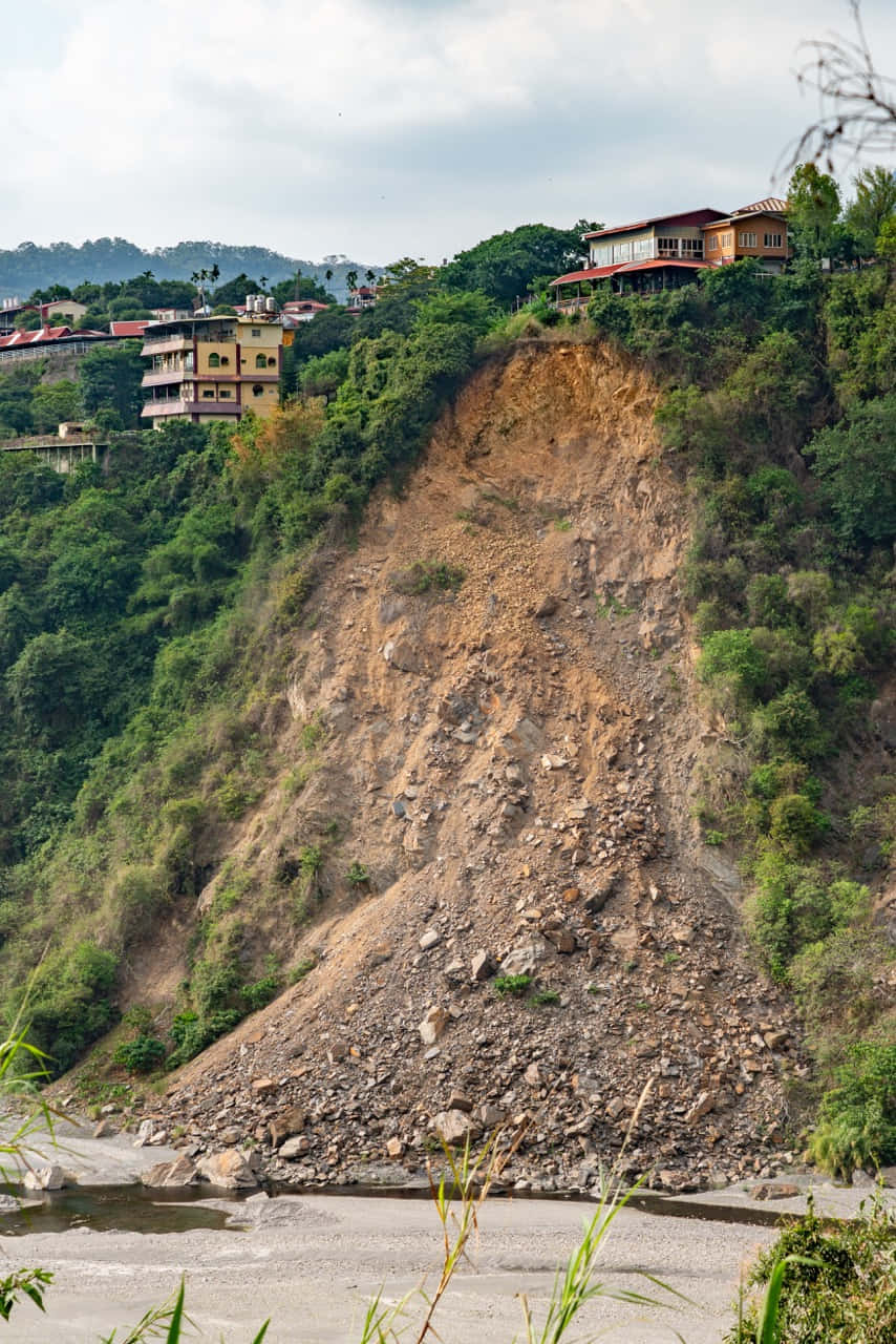 Geomorphology 桌布 壁紙 — 陡峭侵蝕的懸崖上散落著房屋，俯瞰著下方河流，天空多雲。