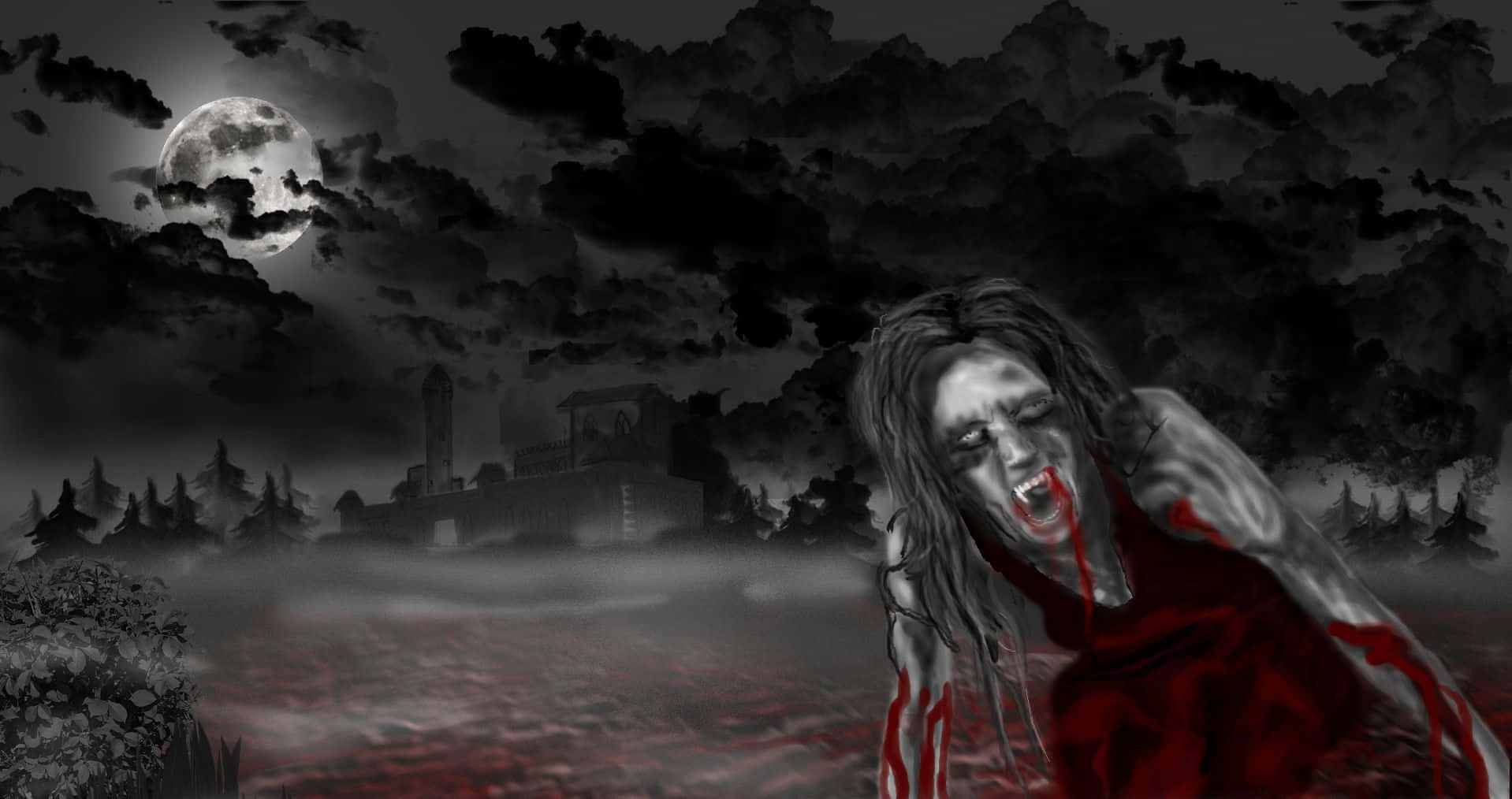 陰影中潛伏的神秘吸血鬼 壁紙 — 一個血淋淋的殭屍女人在月光下的墓地中尖叫，霧中有一座鬼屋。