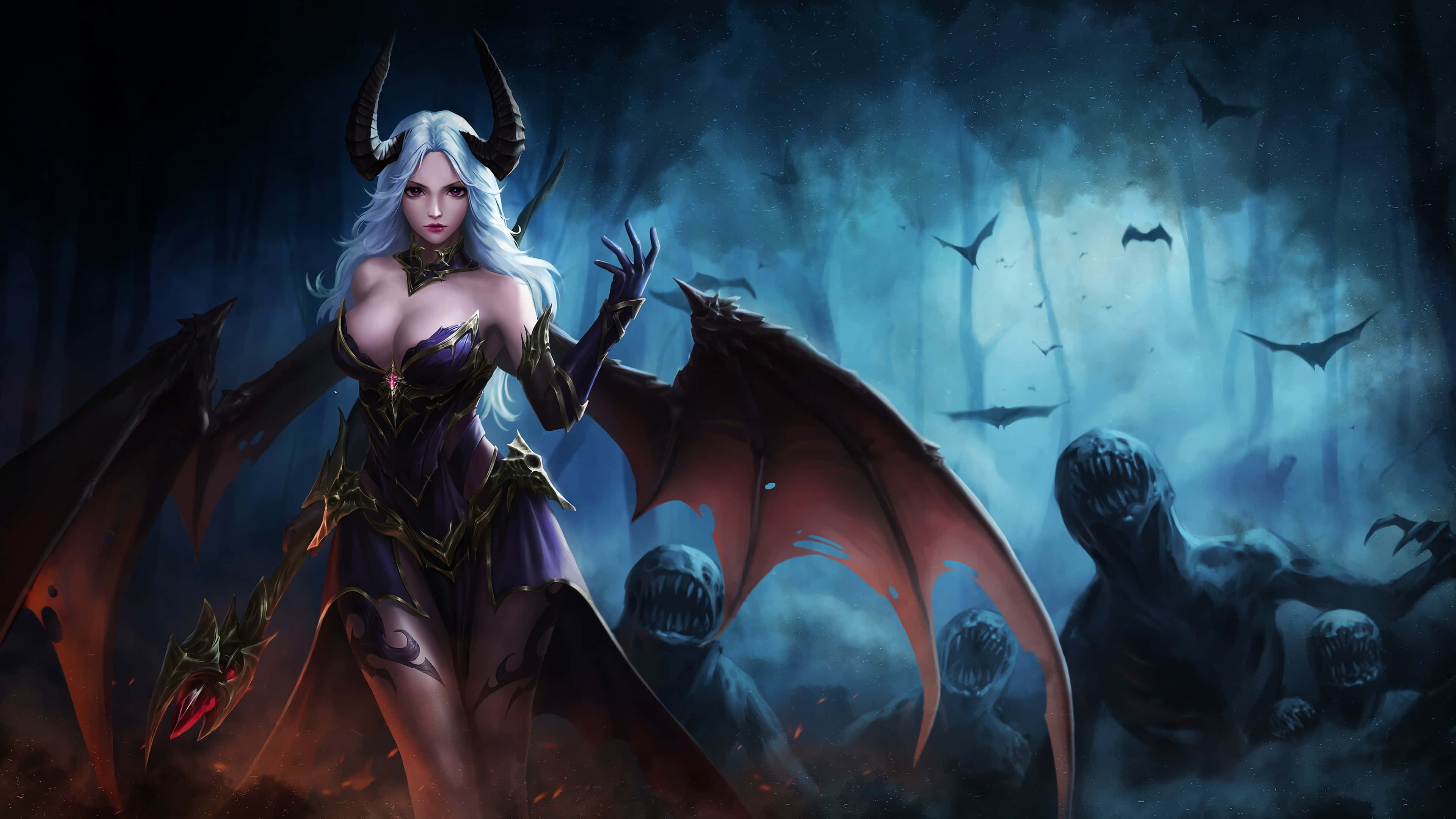 陰影中潛伏著惡魔的氣息 壁紙 — 一個白髮有角的惡魔女子站在黑暗的森林中，在陰沉天空下被蝙蝠和陰影怪物包圍。