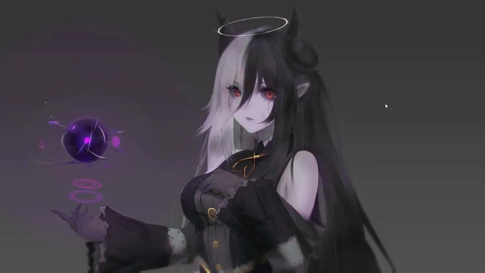 有惡魔角和紅眼的動漫女孩拿著一個發光的紫色球體。