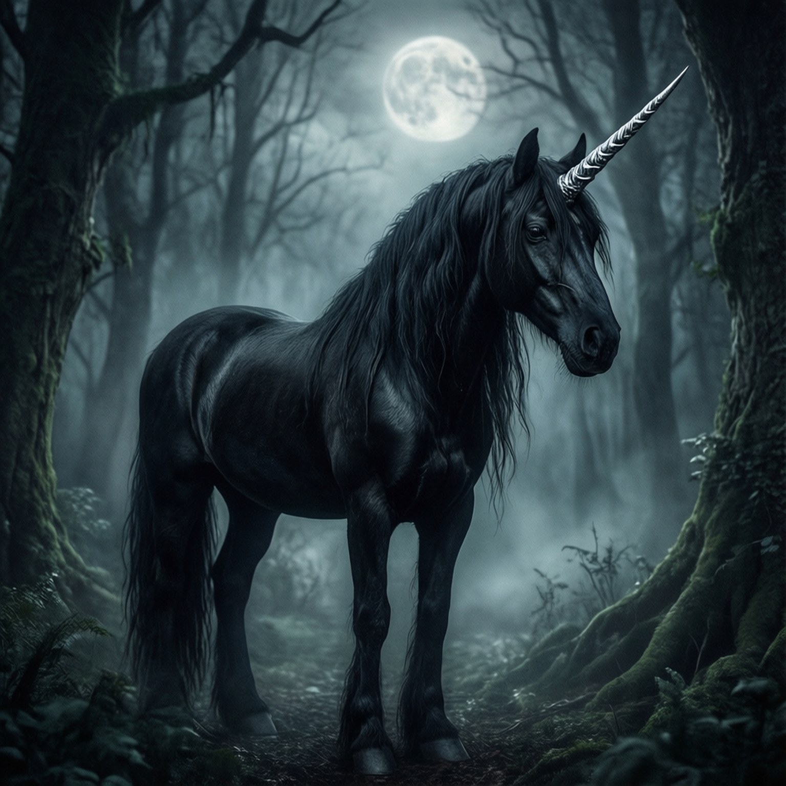 陰影獨角獸 壁紙 — 一頭雄偉的黑色獨角獸，銀色獨角，在滿月下莊嚴地站在霧氣瀰漫、月光照耀的森林中。