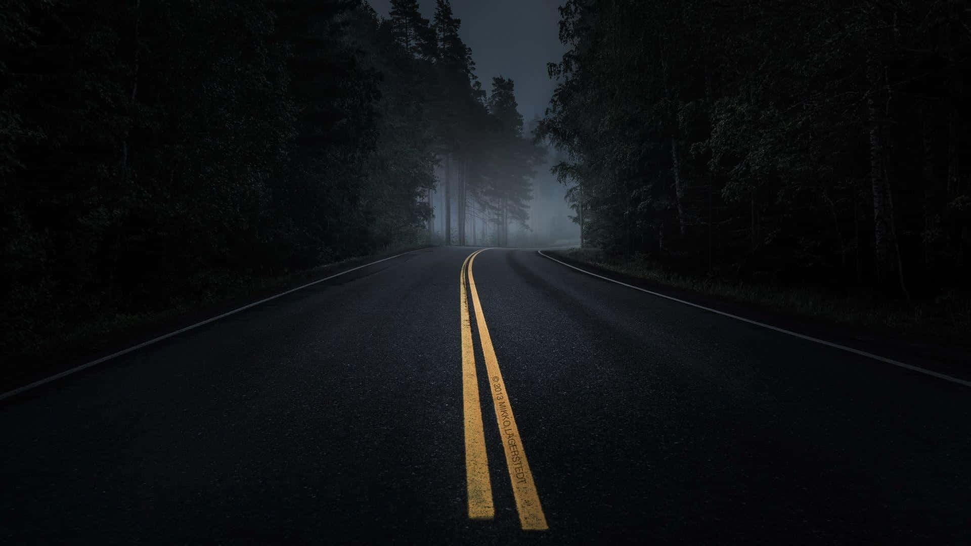 夜間黑暗的森林道路，黃色中心線消失在霧中。
