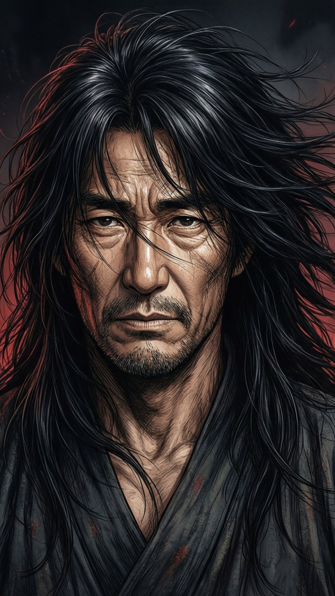 一位表情嚴肅的武士，長長的黑髮和傳統服飾。