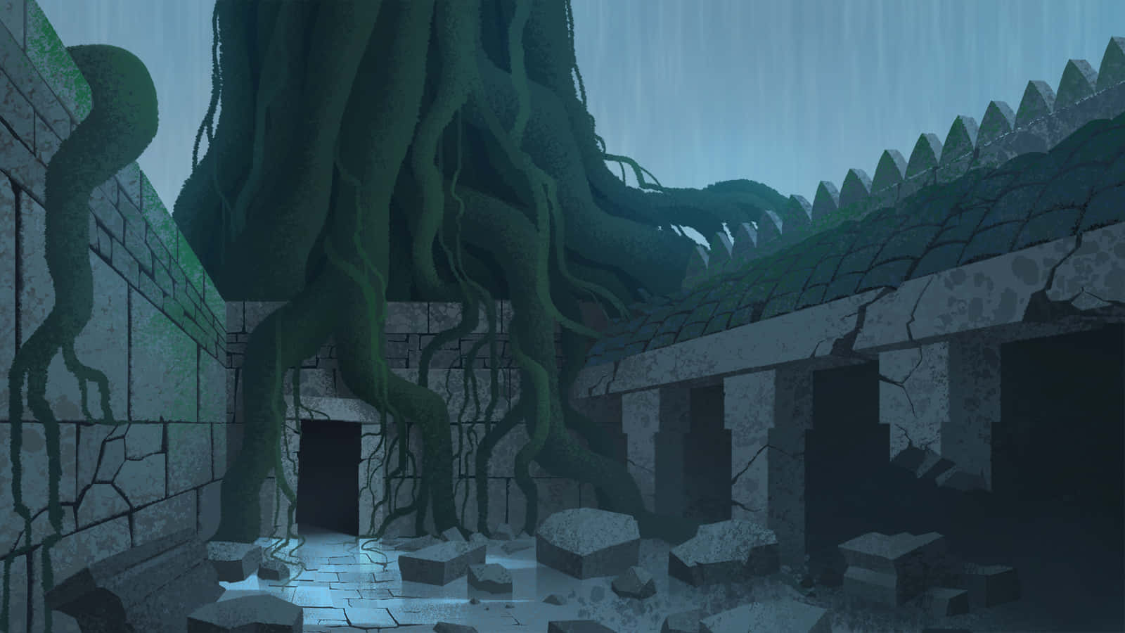 samurai jack 桌布 壁紙 — 陰暗天空下，被巨大綠色根莖覆蓋的古老石頭廢墟。