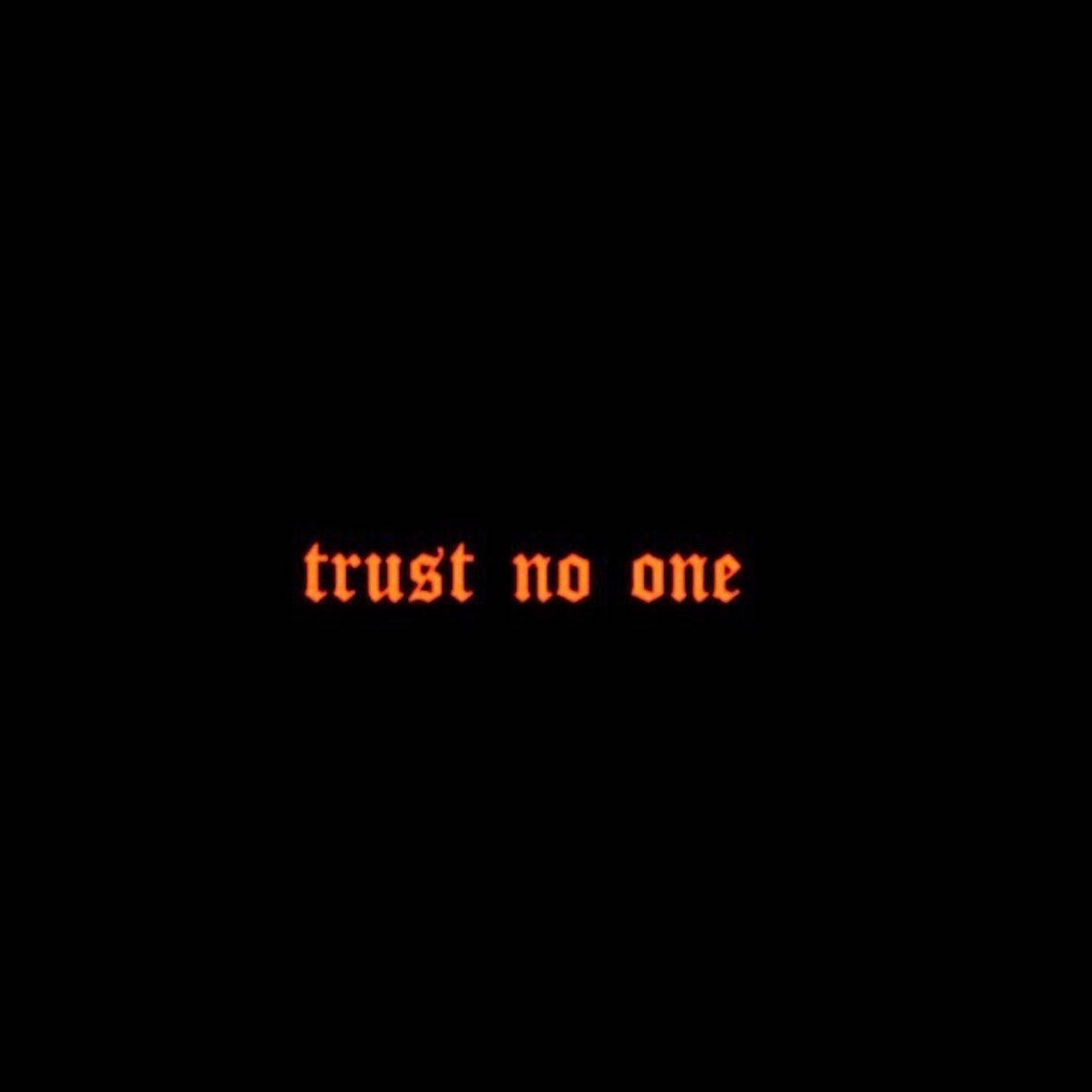 trust 桌布 壁紙 — 陰暗的黑色背景，帶有發光的橙色文字，以像素字體顯示 trust no one。