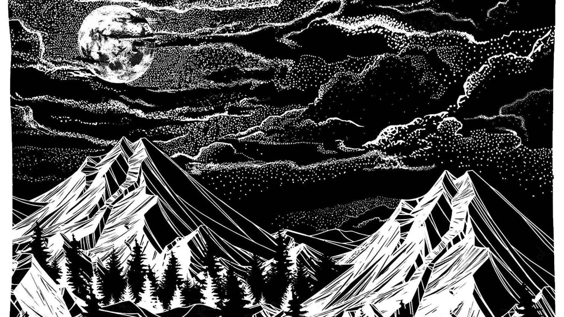 滿月下的山脈，有松樹和 swirling 的雲。
