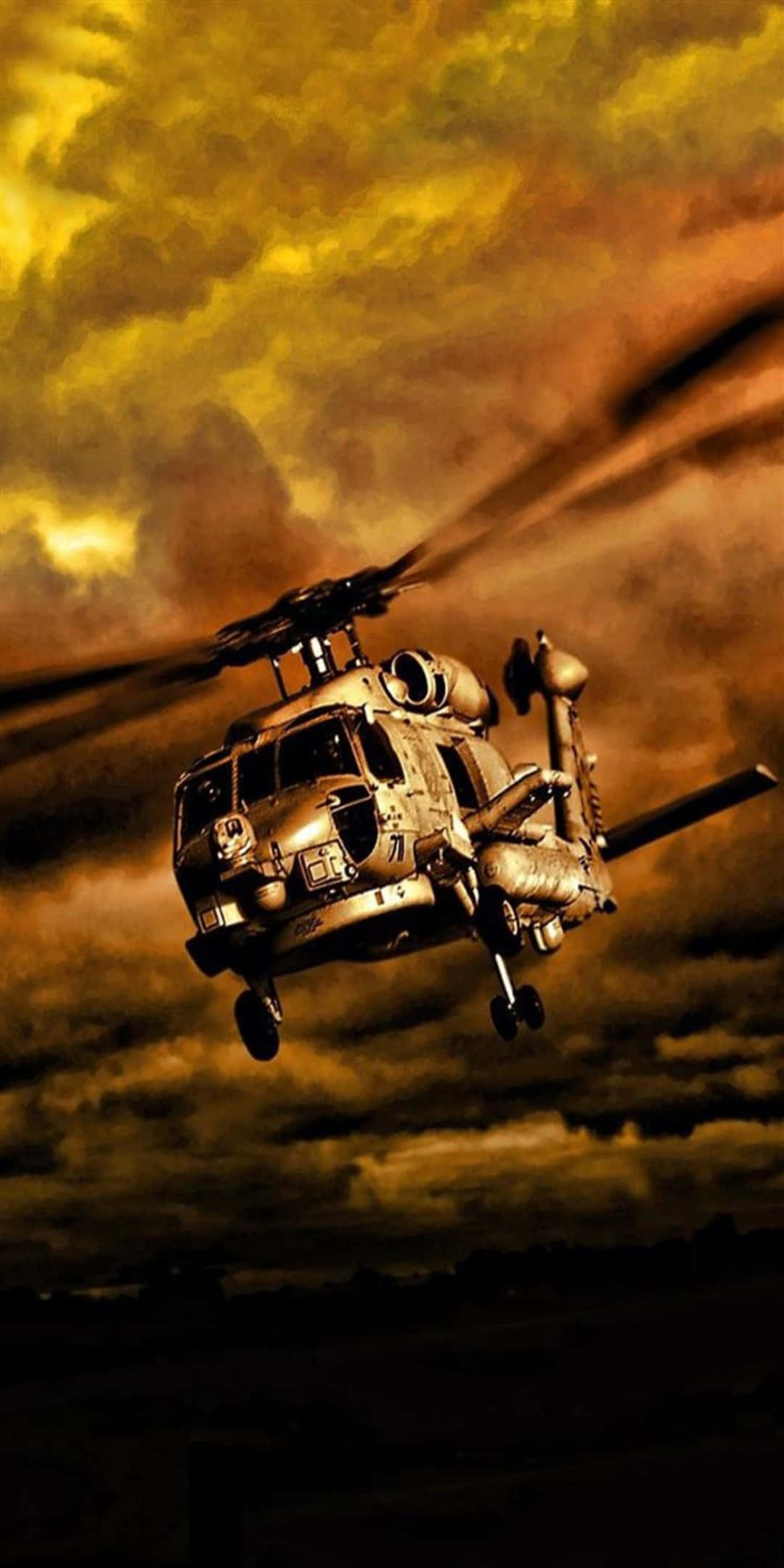 陰沉天空下的棕色 AH-64 Apache 直升機 - Pixel 3 背景 壁紙 — 一架軍用直升機在戲劇性的金橙色天空翱翔，伴隨著旋轉的雲層和動態模糊。