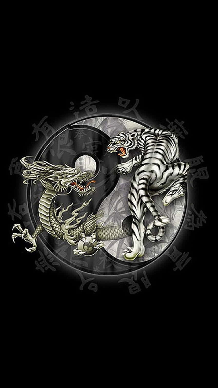 黑色背景上發光邊緣的陰陽符號中的銀龍和老虎。