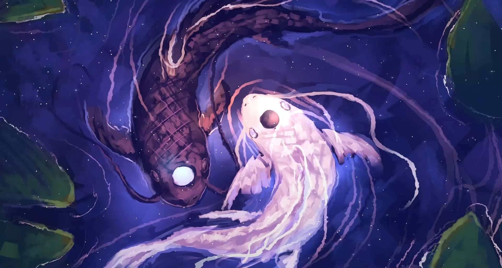 兩條發光的錦鯉在一個佈滿星星的宇宙池塘中游動，伴有漂浮的葉子。