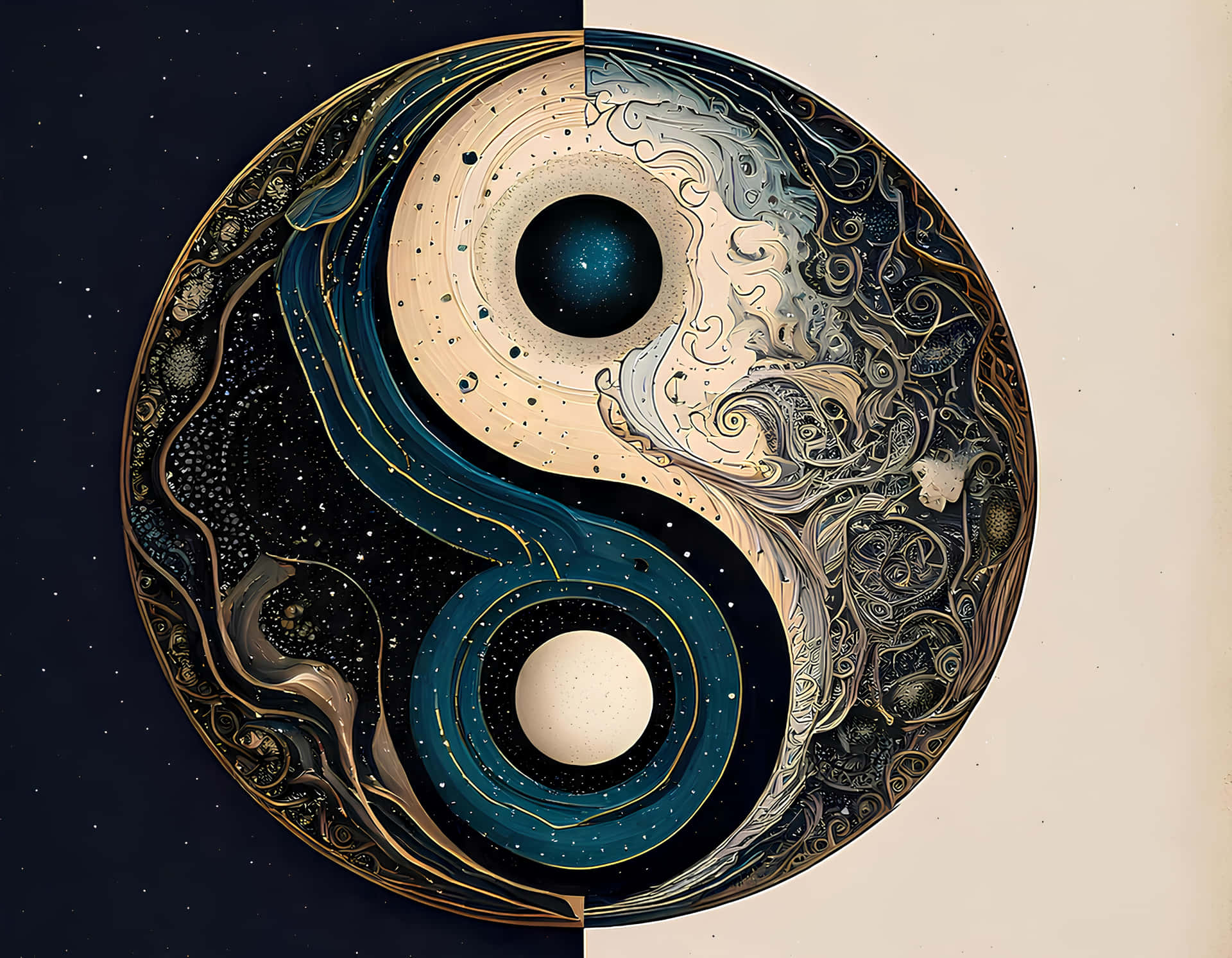 陰陽 壁紙 — 一個宇宙陰陽符號，帶有旋轉的星系、恆星和天體，採用深藍色、奶油色和金色。