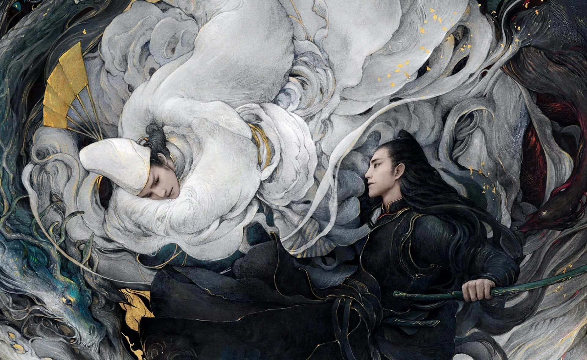 《陰陽先生之夢迴終極》4K 壁紙 — 兩個空靈的身影在旋轉的雲霧中飄蕩，一個身穿白袍沉睡，另一個身穿黑袍手持劍。