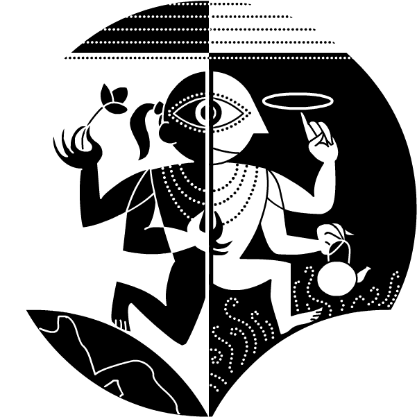 陰陽梵天濕婆神像藝術圖 壁紙 — 一幅黑白圓形插圖描繪了一個分裂的人物，一側拿著嫩芽，另一側拿著茶壺，兩者都飾有幾何圖案和風格化的眼睛。