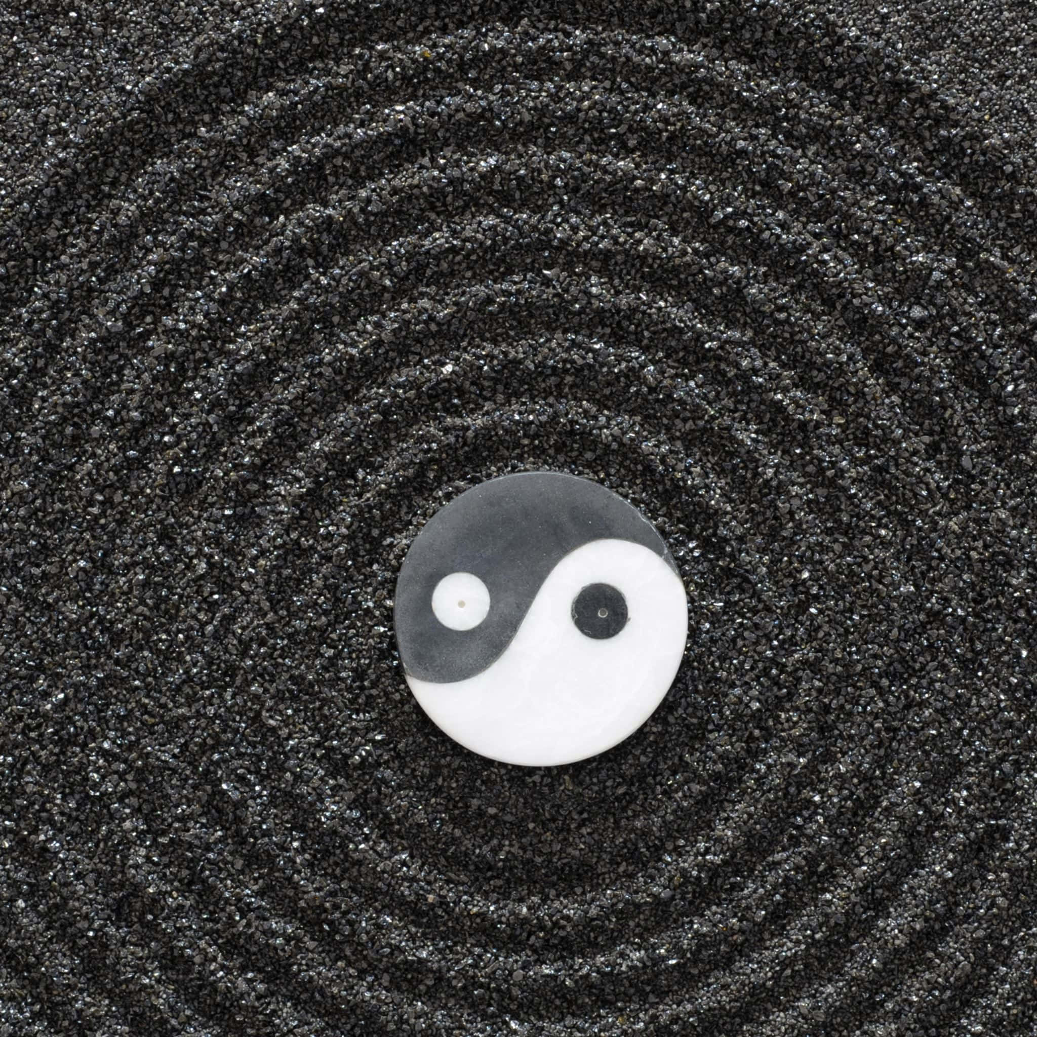 禪園中耙成黑色沙地上的陰陽符號。