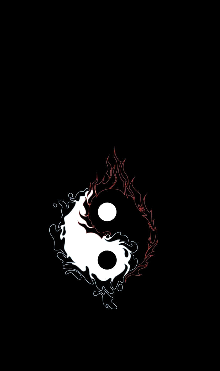 陰陽符號，帶有白色流體和紅色火焰，背景為黑色