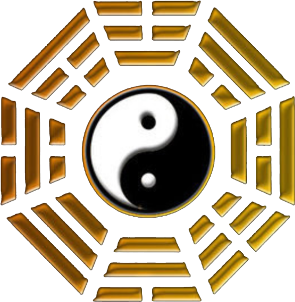 陰陽符號與《易經》八卦 壁紙 — 一個發光的金色八角形八卦框架圍繞著一個經典的黑白陰陽符號，背景為深色。