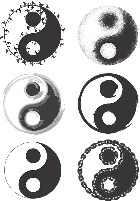 陰陽符號變體 壁紙 — 六個風格化的陰陽符號，以多種單色設計排列在黑色背景的網格中。