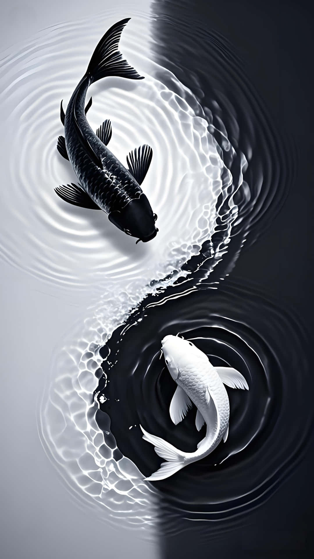 兩條鯉魚向相反方向游動，在水中形成陰陽符號。