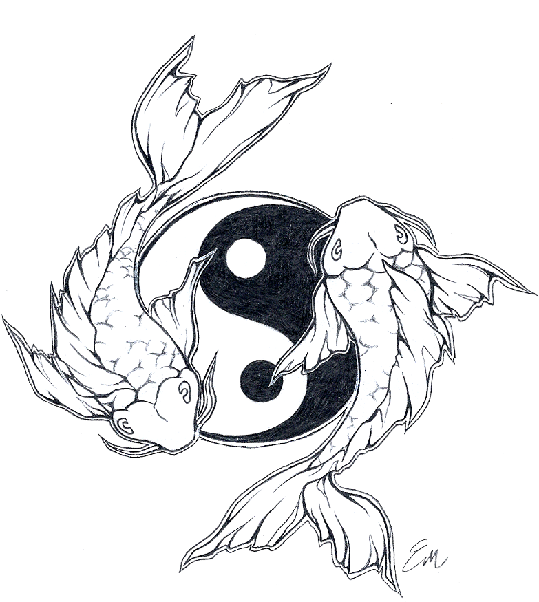 陰陽鯉魚圖畫 壁紙 — 兩條錦鯉圍繞陰陽符號向相反方向游動，呈現鮮明的黑白線條畫。