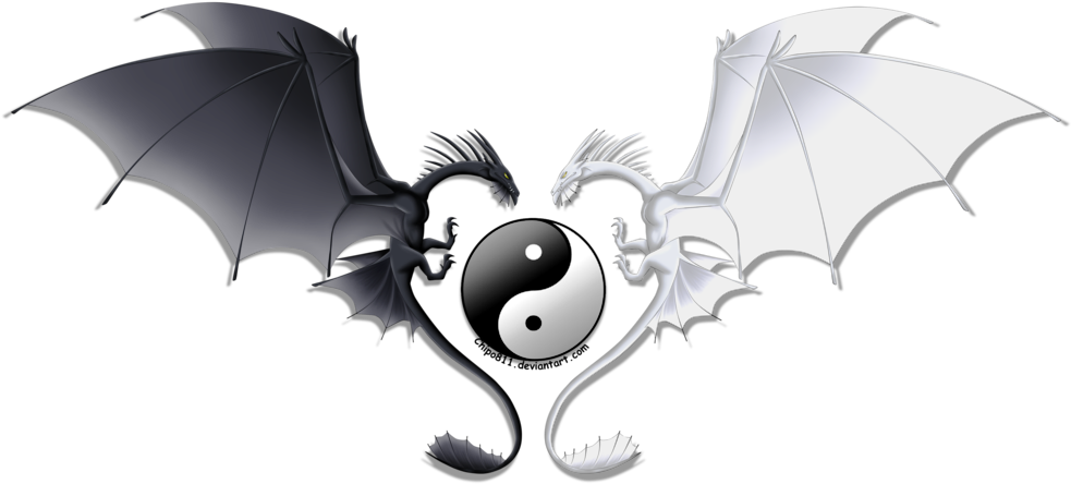 陰陽龍心圖案 壁紙 — 黑白龍在黑色背景上的心形陰陽符號中對峙。