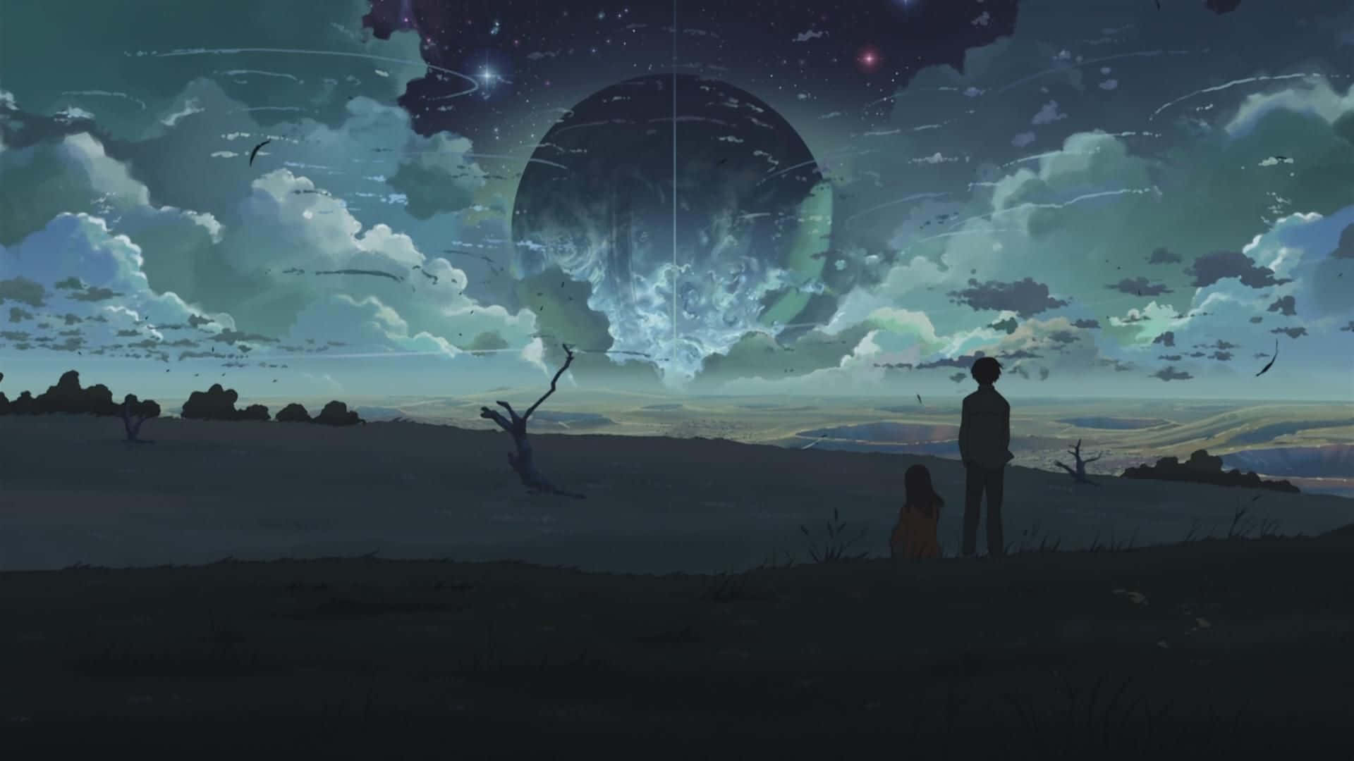 兩個人站在山丘上，觀看星空中的一個巨大發光行星。