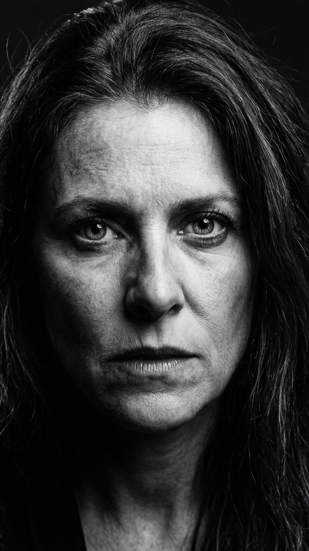 黑白肖像中，一位眼神銳利、皺紋深刻的女性。
