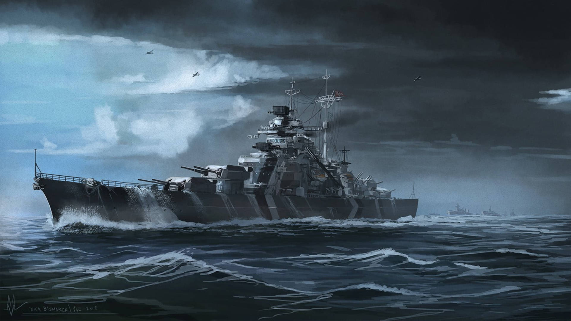 一艘大型戰艦在暴風雨的天空下航行於波濤洶湧的海面，飛機在上空。