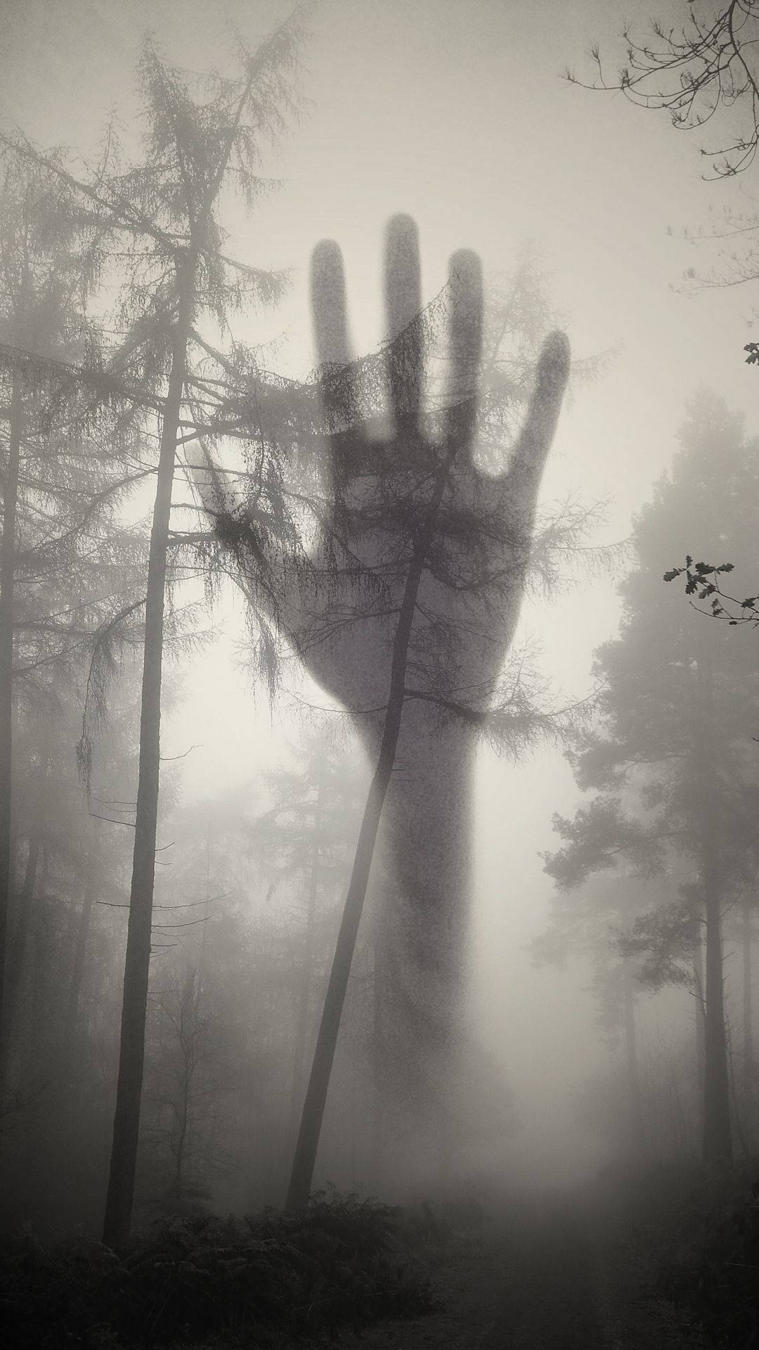 陰鬱詭異的深林 壁紙 — 一隻巨大的幽靈手從霧氣瀰漫的樹林中浮現，手指穿過骷髏般的樹木，構成一個令人毛骨悚然的單色場景。