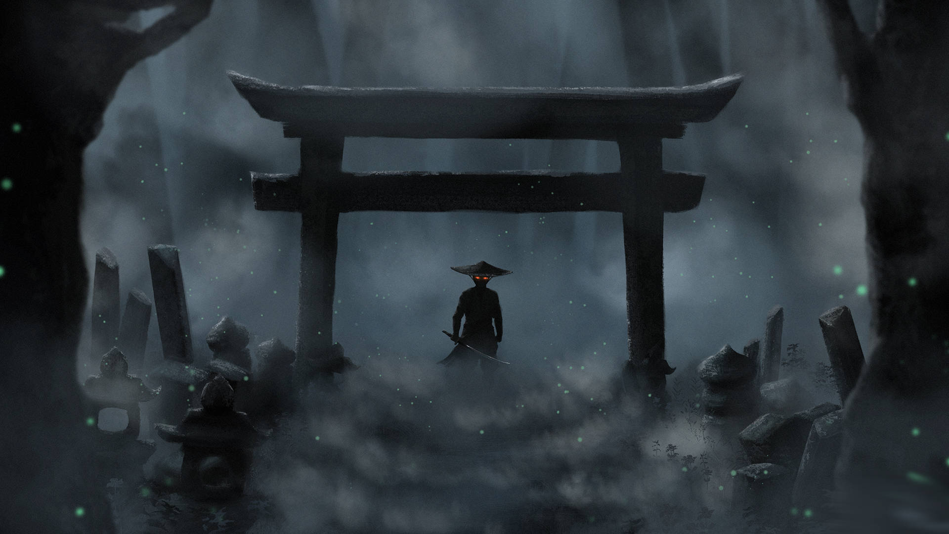 陰鬱鳥居門 壁紙 — 一個孤獨的武士站在黑暗森林中霧氣繚繞的鳥居下，發光的眼睛和劍透過霧氣可見。