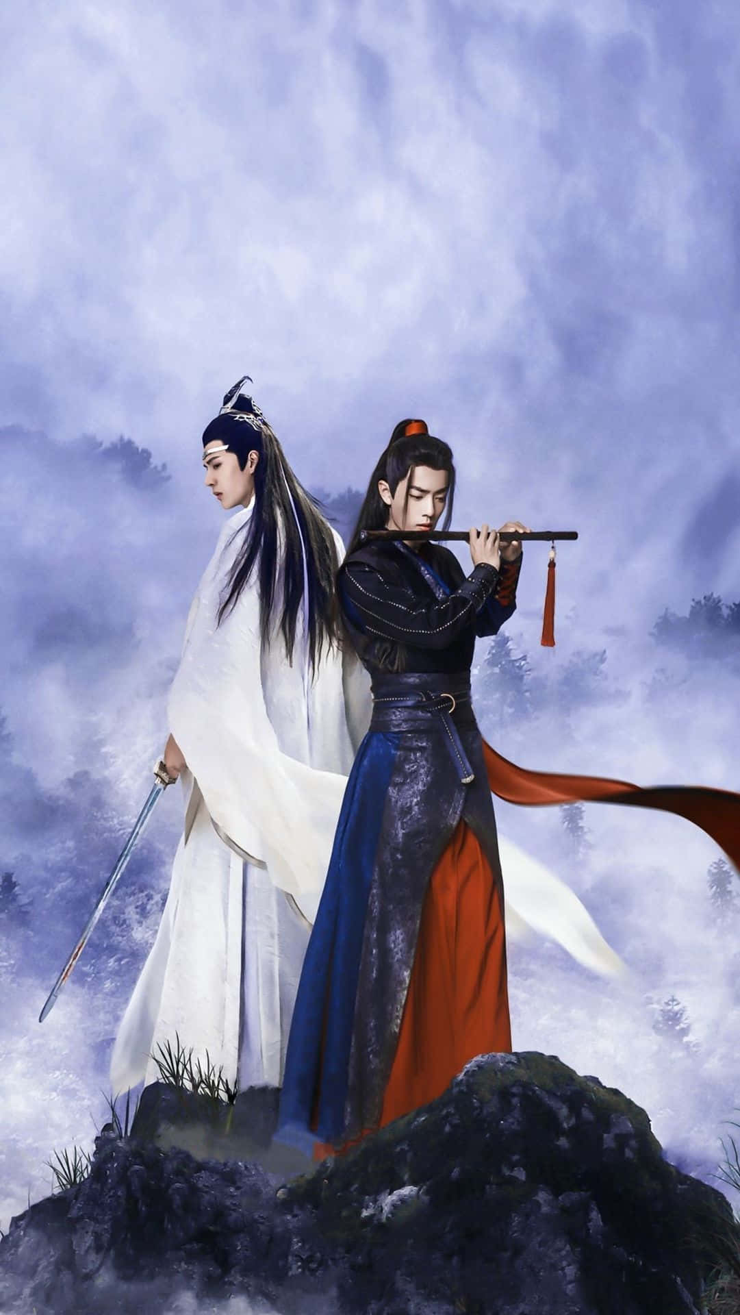 兩個身穿古裝的男人在霧山上，一個吹笛，另一個持劍