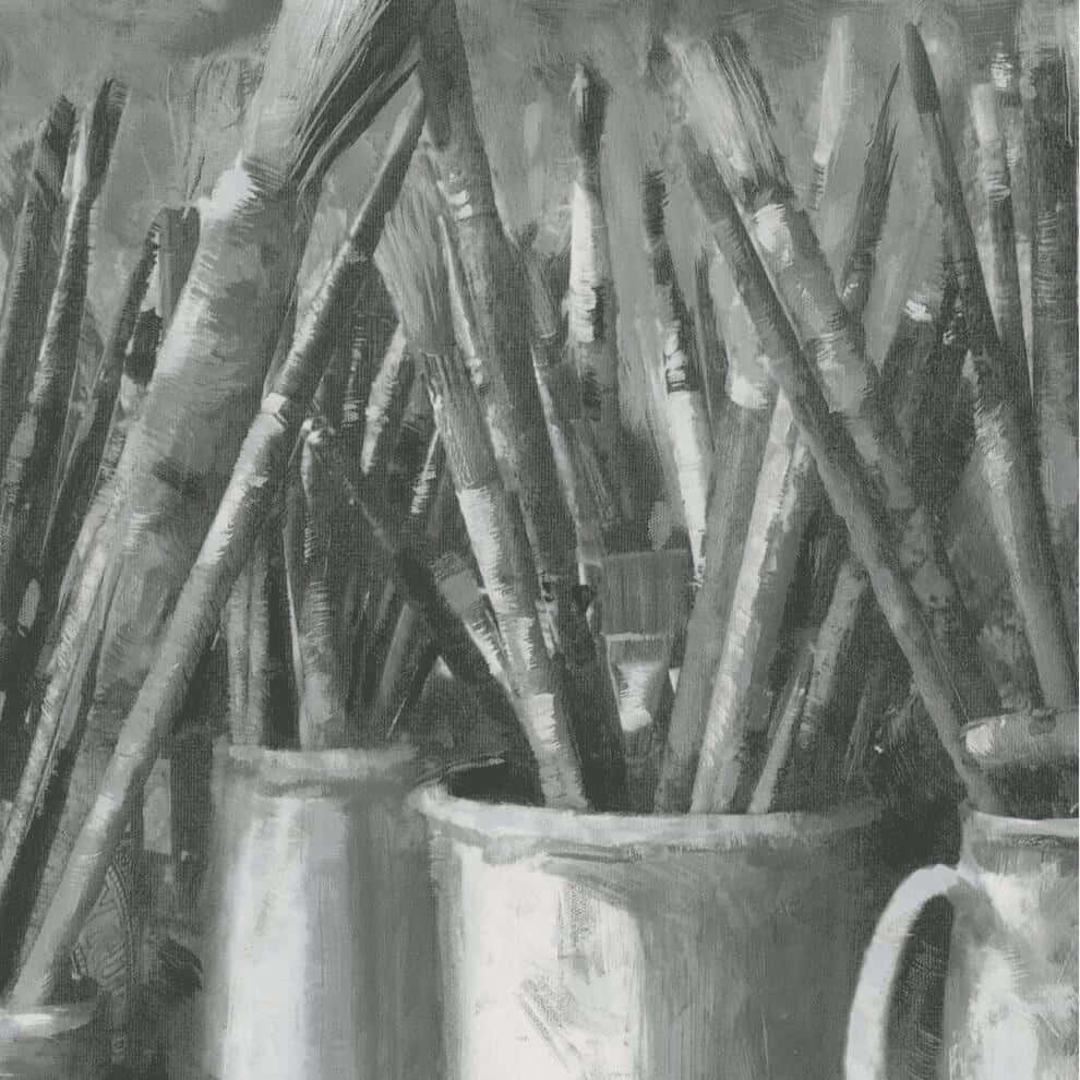 Charcoal Drawings 桌布 壁紙 — 陶瓷罐中的畫筆單色油畫，可見刷毛和油漆污漬。