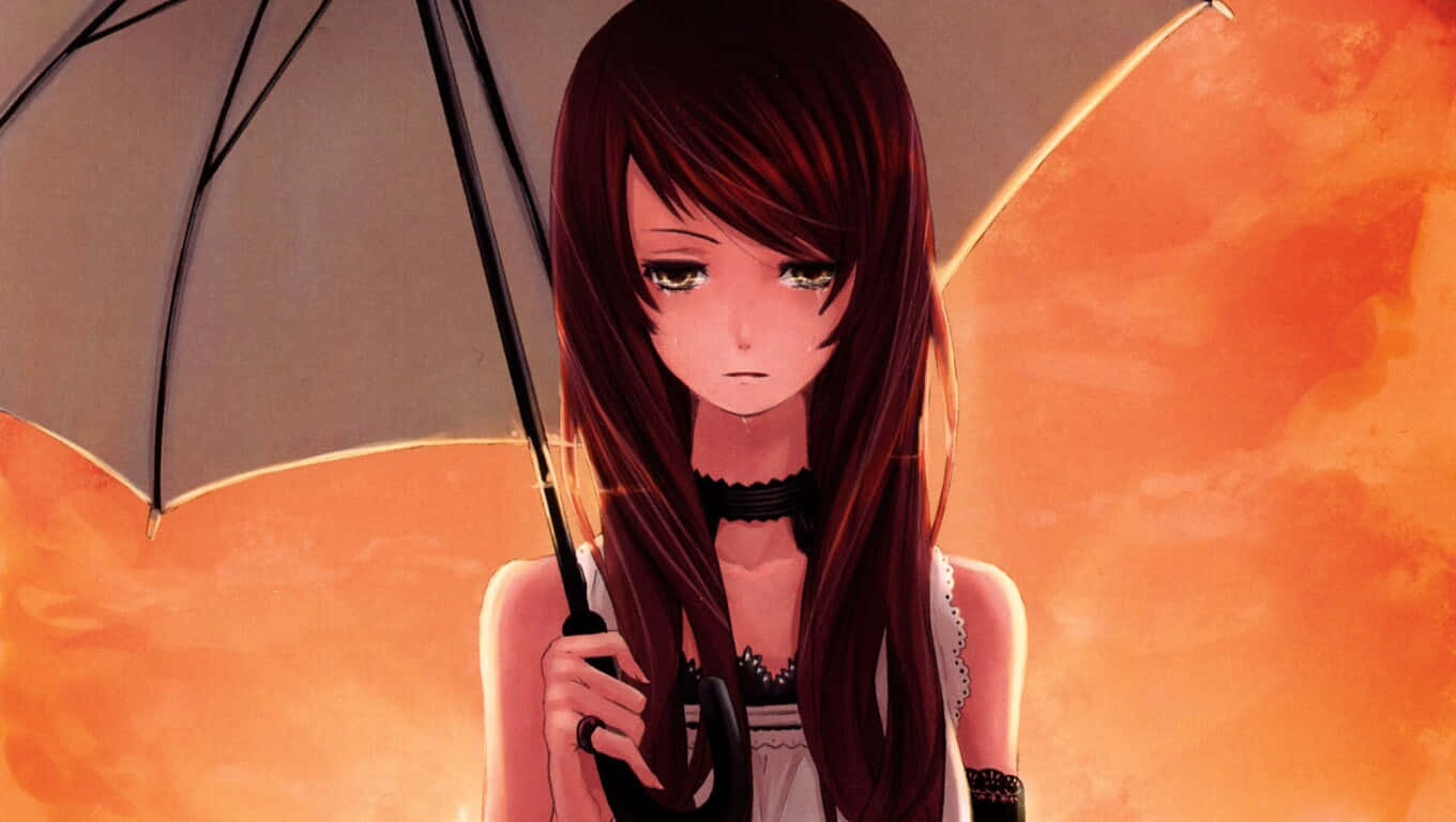 陷入哀傷動畫的少女 壁紙 — 一個憂鬱的動漫女孩，長長的黑髮，在溫暖的橙色日落天空下撐著一把黑傘。