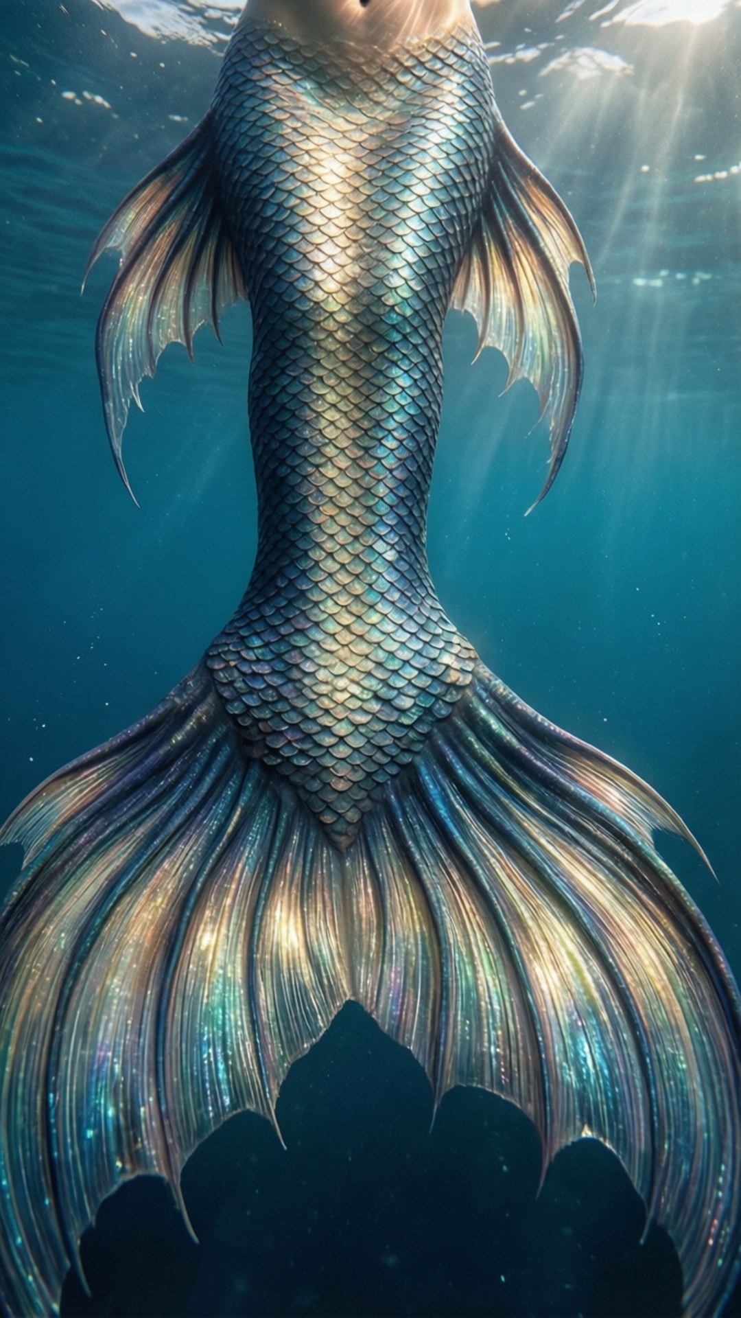 陽光下人魚尾部特寫 壁紙 — 美人魚閃閃發光的尾巴帶有彩虹色鱗片，陽光穿透深藍色的海水。