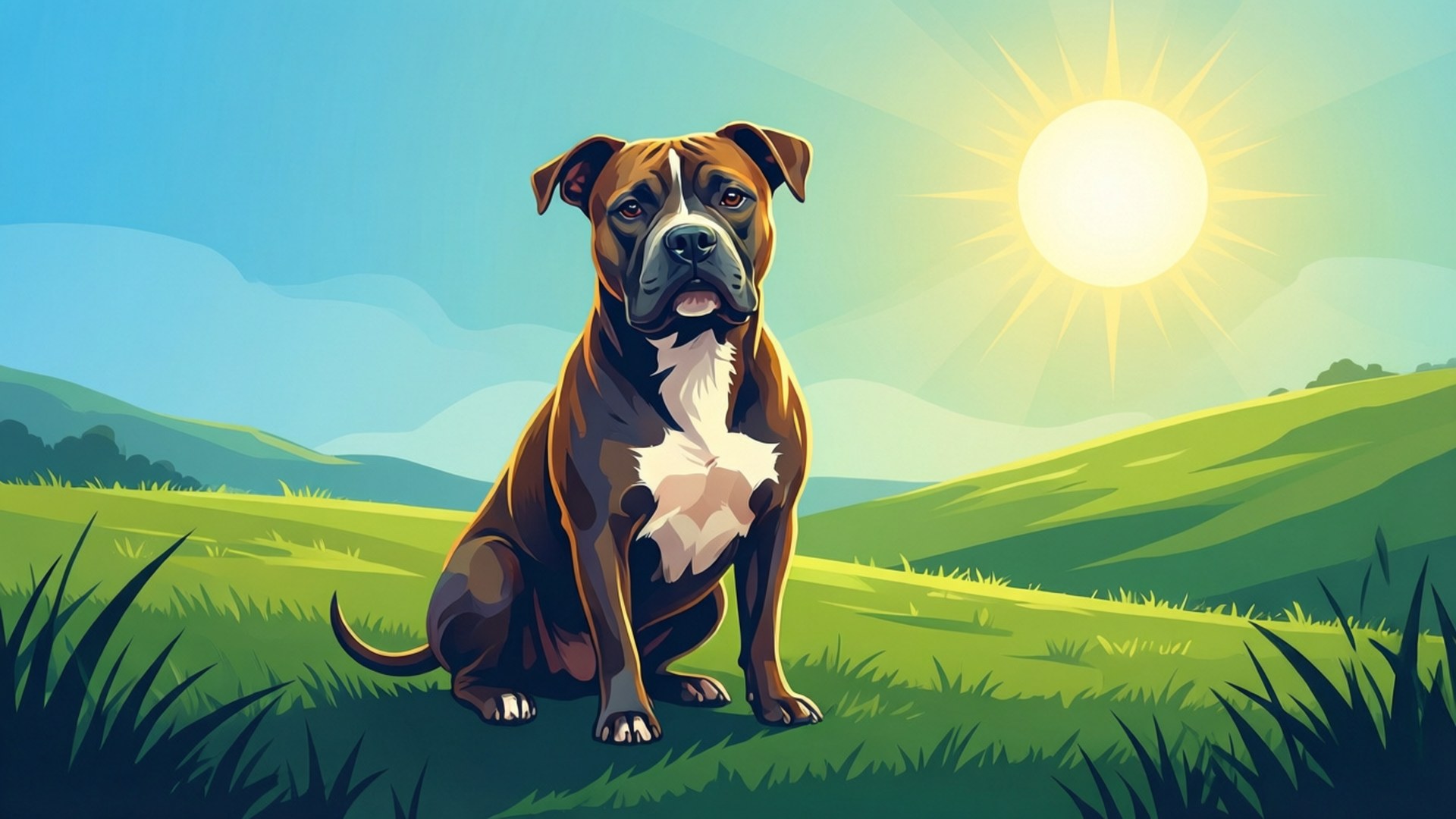 陽光下的平犬 壁紙 — 一隻棕白色的比特犬警覺地坐在陽光明媚的綠色田野中，背景有起伏的山丘和頭頂明亮的黃色太陽。