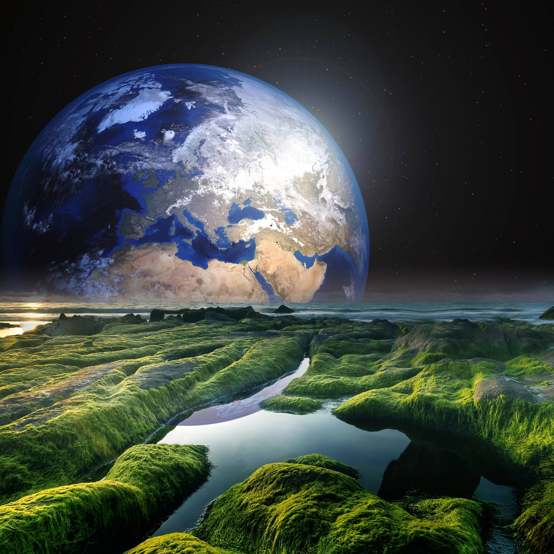 夜間太空中漂浮的巨大地球下的苔蘚河谷。