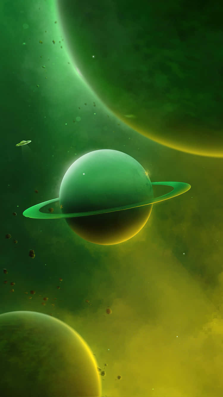 色彩繽紛的星雲中帶有光環的綠色行星和漂浮的小行星。