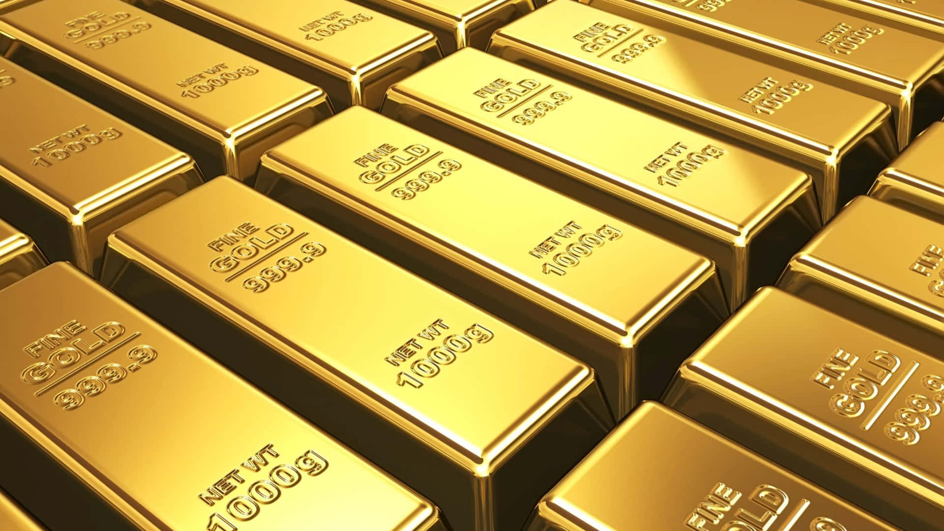 堆疊的金條，標示為純金 999.9 淨重 1000g