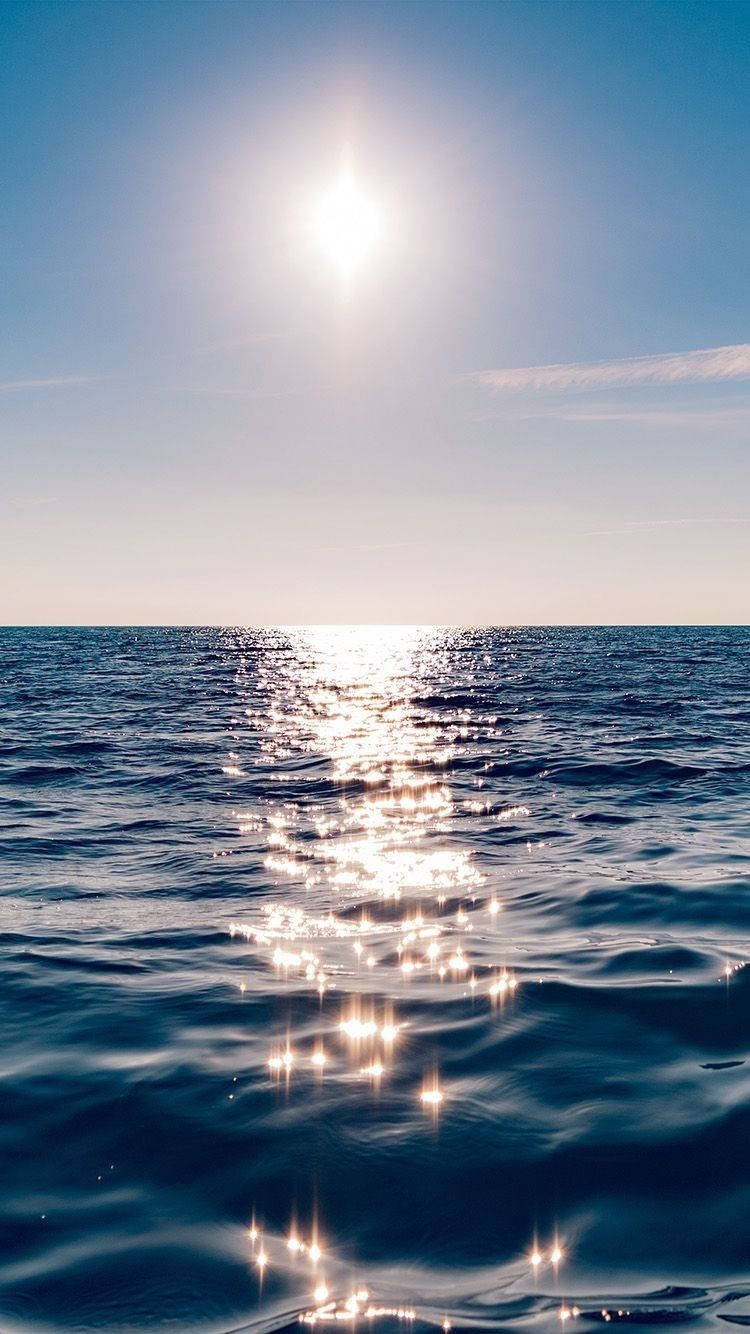 太陽 桌布 壁紙 — 陽光在晴朗的天空下，頭頂明亮的太陽，在廣闊的藍色海洋上強烈閃爍。