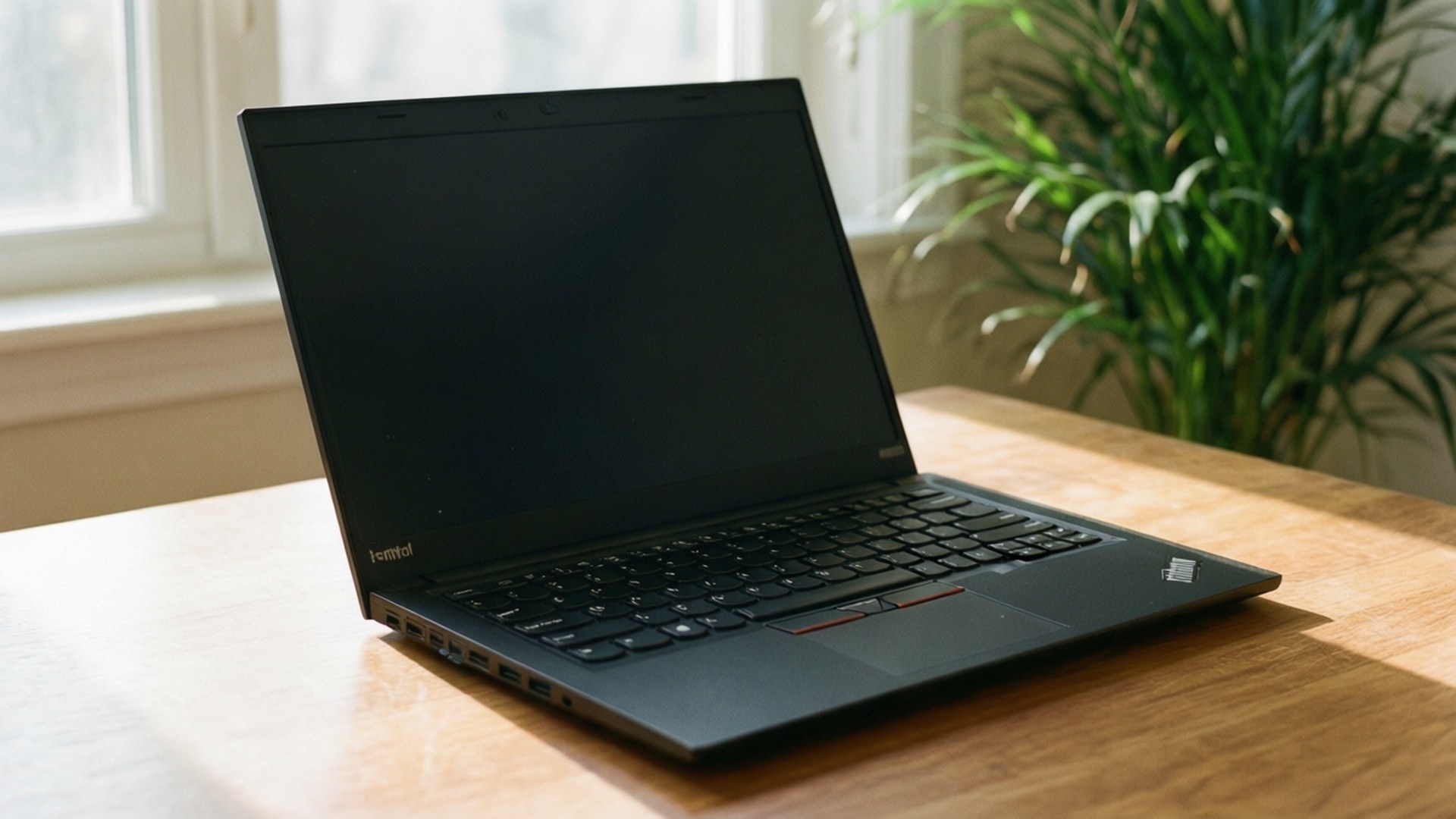 陽光工作空間 壁紙 — 一部時尚的黑色 Lenovo 手提電腦打開放在陽光照射的木桌上，旁邊有一棵茂盛的綠色植物，靠近明亮的窗戶。