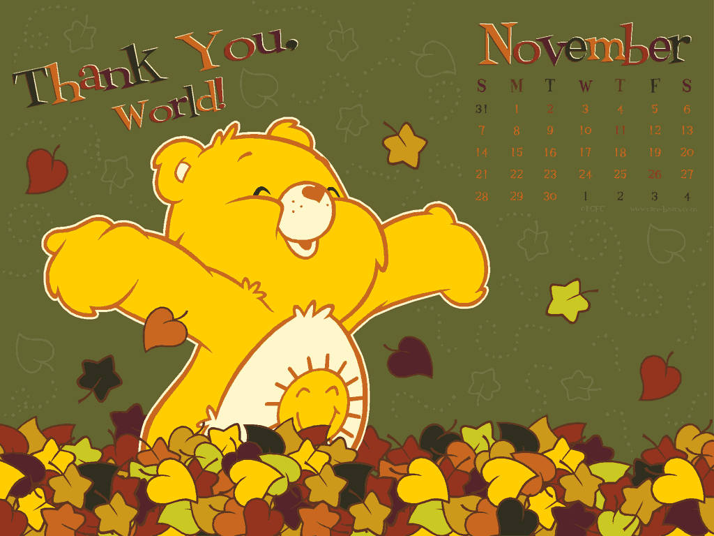 黃色卡通熊在秋葉中，帶有「Thank You World!」和十一月日曆。