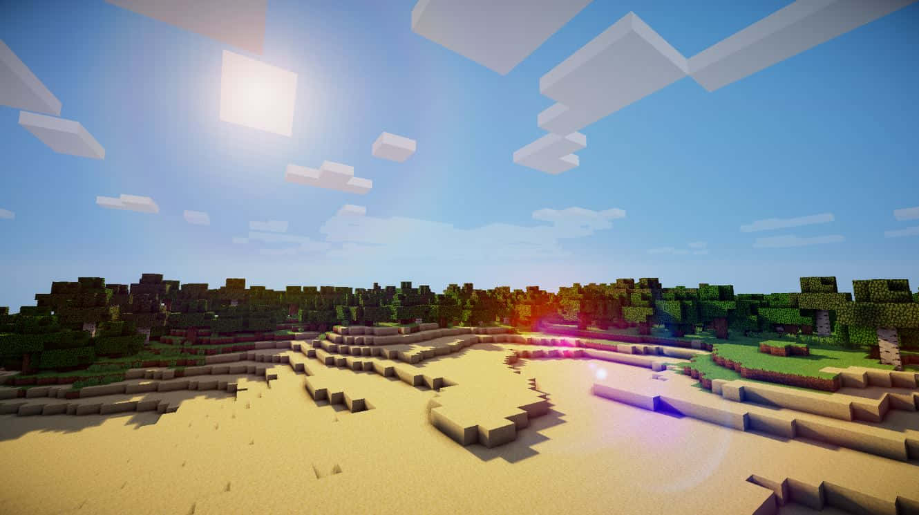 Minecraft Survival 桌布 壁紙 — 陽光明媚嘅Minecraft沙漠生物群落，有方塊狀沙丘同遠處樹木，天空晴朗藍天白雲。