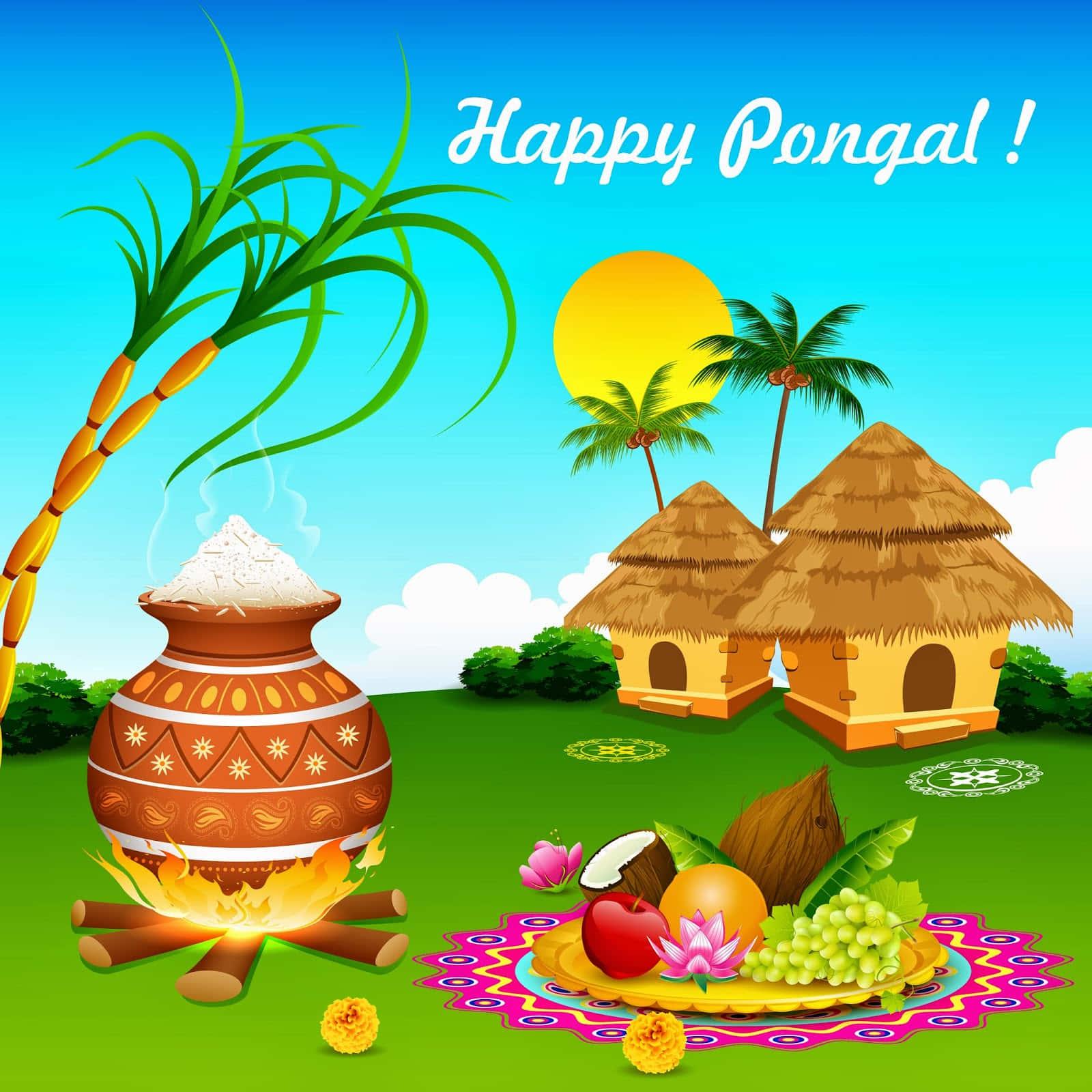 Pongal 桌布 壁紙 — 陽光普照的天空下，描繪豐收節（Pongal）的鮮豔插圖，有冒煙的鍋、甘蔗、茅草屋和色彩繽紛的供品。